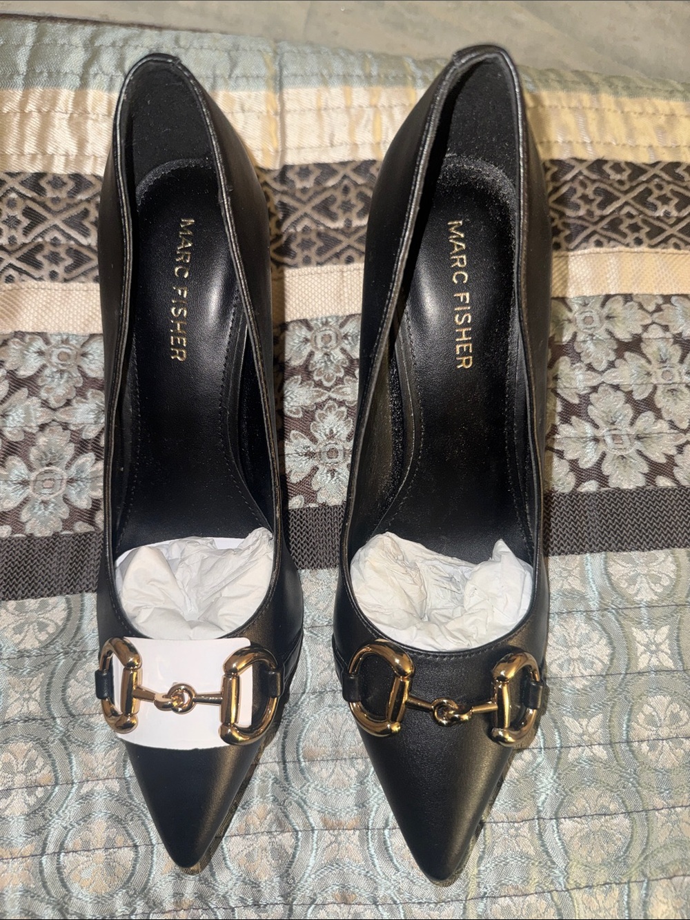 NWOT Marc Fisher Black Leather Pointed Toe Heels with Gold Horsebit